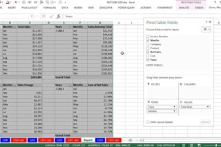 Excel Magic Trick 1203: 2 Slicers Control 4 PivotTables: Sum, Running Total, Change and % Change